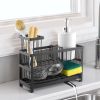 Kitchen Sink Caddy Organizer, 2 Tier Sponge Holder for Kitchen Sink with High Brush Holder & Divider, Storage Rack with Rotatable Drainage Spout