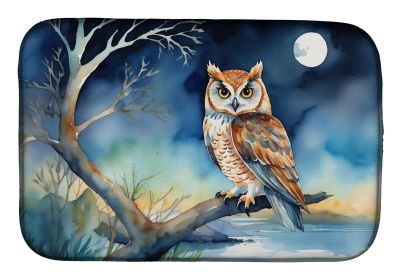 Owl Perched in Coastal Tree Dish Drying Mat Absorbent Dish Drying Mat Pad for Kitchen Counter Dish Drainer Mat for Countertop, 14 x 21", Multicolor