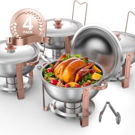 Chafing Dish Buffet Set, 5 Qt 4 Pack, Stainless Steel Chafer with 4 Full Size Pans, Round Catering Warmer Server with Lid Water Pan Folding Stand Clip